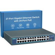 Yuanley 24 Bağlantı Noktalı Gigabit Poe Switch Yönetilmeyen, Yuanley 2 Uplink ve 1 Sfp ile 27 Bağlantı Noktalı Gigabit Poe, Rafa Montajlı, 400 W Entegre Güç Kaynağı, 802.3AF/AT'I Destekler, Tak ve Çal
