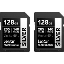Lexar Silver Sd Kart 128 GB 2'li Paket, Uhs-I Sdxc Kart 205 Mb/s Okuma Hızı, 140 Mb/s Yazma Hızı, V30, U3, C10, 4K UHD Video, Lexar Ömür Boyu Veri Kurtarma Özelliğine Sahip Sd Kart Hafıza Kartı