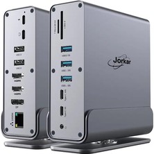 Jorkar Dizüstü Bilgisayar Docking Station, 3 Monitör, 15'i 1 Arada Usb-C Docking Station, Hub, 2 x 4K HDMI ve 1 x 8k Dp ile Üçlü Ekran, 10 Gbps Usb-C ve 5 Gbps Usb-A Veri, 100 W Pd Şarjı + Ethernet+Sd