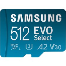 Samsung Evo Select (2024) Microsd Kart + Sd Adaptörü, 512 Gb, Akıllı Telefon ve Tablet Için Hafıza Kartı, Uhs-I U3, 4K Uhd, Full Hd, 160 Mb/s Okuma, MB-ME512SA/EU