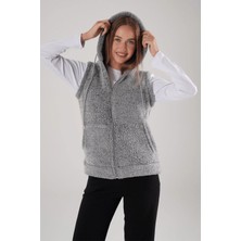 Kozz Style Gri Kapşonlu Fermuarllı Pelus Yelek