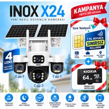 Sovdex Inox X24 4 Lens 2mp Solar Güvenlik Kamerası + Türk Telekom 1 Yıl Sınırsız Internet + 64GB Kioxia Hafıza Kartı