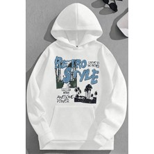 Kozz Style Unisex 3 Iplik Pamuklu Beyaz Retrostyle Baskı Bol Kalıp Sweatshirt Hoodie
