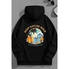 Kozz Style Unisex 3 Iplik Pamuklu Siyah Keepnaturewild Baskı Bol Kalıp Sweatshirt Hoodie