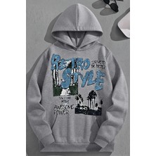 Kozz Style Unisex 3 Iplik Pamuklu Gri Retrostyle Baskı Bol Kalıp Sweatshirt Hoodie