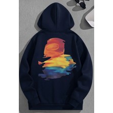Kozz Style Unisex 3 Iplik Pamuklu Lacivert Boya Baskı Bol Kalıp Sweatshirt Hoodie