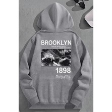 Kozz Style Unisex 3 Iplik Pamuklu Gri Brooklyneller Baskı Bol Kalıp Sweatshirt Hoodie
