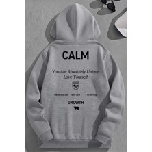 Kozz Style Unisex 3 Iplik Pamuklu Gri Calmgrowth Baskı Bol Kalıp Sweatshirt Hoodie