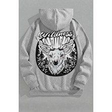 Kozz Style Unisex 3 Iplik Pamuklu Gri Kralwildness Baskı Bol Kalıp Sweatshirt Hoodie