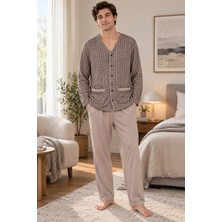Çift Kaplan Erkek Kazayağı Desen Önden Düğmeli Bej Pijama Takımı 8210