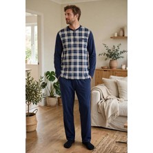 Çift Kaplan Erkek Ekose Arkası Düz Patlı Lacivert Pijama Takımı 8219