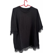 Kamiwear Kadın Siyah Dantel Detaylı Oversize Tişört