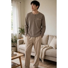 Çift Kaplan Erkek Kazayağı Desen Patlı Bej Pijama Takımı 8209