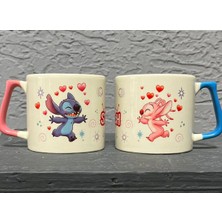 Mor Mürekkep Stitch Sarılıyor Pembe Kulplu Prime Sevgilier Günü Hediyesi Bardak Kupa Fincan Mug
