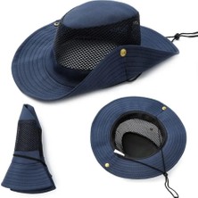 Lacivert Geniş Kenarlı Kovboy Şapkası, Mesh Havalandırmalı, Ayarlanabilir Çene Kordonlu, Outdoor Güneş Koruma