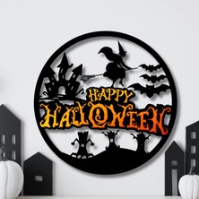 3D Baskı Happy Halloween Yuvarlak Duvar Panosu Cadı Şato Yarasa Silüetli Kapı Süsü Duvar Dekoru Siyah