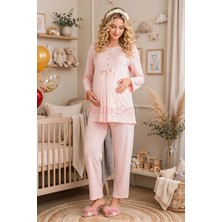 Quilling Bebe Pembe Renkli, Dantel Detaylı 33209 Uzun Kol, 2 Parça Lohusa Hamile Pijama Takımı