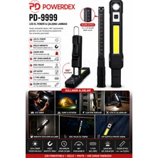 Powerdex PD-9999 Şarjlı LED Çalışma Lambası | 180° Ayarlanabilir | Cob + LED El Feneri | Mıknatıslı | Type-C Şarjlı | Cep Klipsli