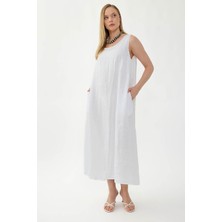 Vitrin %100 Keten Sıfır Kol Uzun Elbise