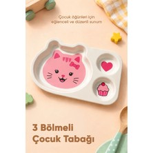 Wumboo 3 Bölmeli Hayvan Desenli Melamin Çocuk Tabağı-Ekstra Dayanıklı Bpa Free Beslenme Tabağı- Pembe Kedi