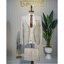 Beystil Sivri Yaka Krem Yelekli Kırçıllı Takım Elbise Storm- Slim Fit