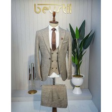Beystil Sivri Yaka Kahve Yelekli Kırçıllı Takım Elbise Storm- Slim Fit