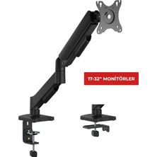 Sarftech 17-32'' Tek Kollu Amortisörlü Monitör Kolu Ayarlanabilir Masa Kelepçeli Yaylı Tam Hareketli Monitör Standı Siyah