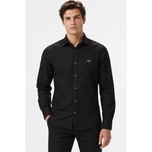 Lacoste Men's Slim Fit Button-Down Collar Linen Shirt Erkek Düğmeli Yaka Pamuklu Gömlek Siyah