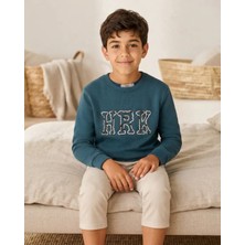 Nakış Detaylı Erkek Petrol Mavi Sweatshirt