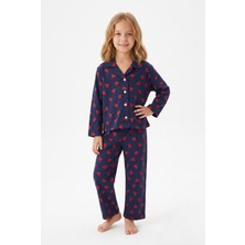 Pistyle Kız Çocuk Düğmeli Kalp Baskılı %100 Pamuk Süprem Kumaş Reaktif Boyama Uzun Kollu Pijama Takımı
