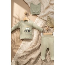 Hoppa Sage Yeşili Pamuklu 3’lü Bebek Takımı - Little Cool Dude Nakışlı Kimono Üst, Patikli Alt ve Bere Se