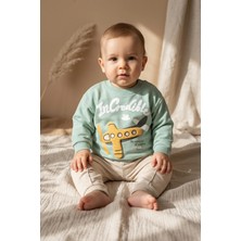 Hoppa Sky Explorer %100 Pamuklu Erkek Bebek Takımı - Yeşil Uçak Nakışlı Sweatshirt ve Bej Pantolon Kombin
