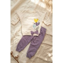 Hoppa Aria Bloom Kız Bebek Fırfır Detaylı Kalp Desenli Alt Üst Takım - %100 Pamuklu Mor & Krem Sweatshirt