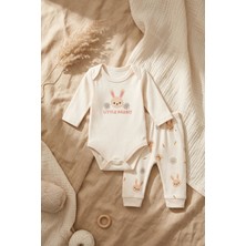 Hoppa Kız Bebek %100 Pamuklu Rabbit Krem Desenli 2'li Takım - Uzun Kollu Body ve Esnek Pantolon Seti