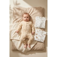 Hoppa 3'lü Paket Bebek Tulum Seti - %100 Pamuk Fitilli Penye Fermuarlı Tulum Seti - Bej/beyaz Ayıcık, Yıl