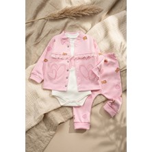Hoppa Kız Bebek Pembe Ayıcık ve Kalp Desenli Dantel Detaylı 3'lü Takım - %100 Pamuklu Hırka, Body ve Pant