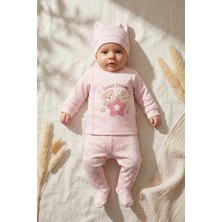 Hoppa 3'lü Pamuklu Erkek Bebek Hastane Çıkış Zıbın Seti 0-3 Ay Pembe Ayıcık Nakışlı Set