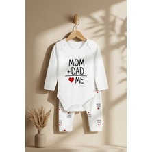 Hoppa %100 Pamuklu 'mom+Dad=me' Yazılı Uzun Kollu Bebek Bodysuit ve Desenli Pantolon 2'li Set