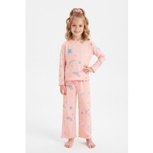 Pistyle Kız Çocuk Tokalı Gökkuşağı ve Yıldız Desenli %100 Pamuk Uzun Kollu Pijama Takımı