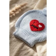 Hoppa Mavi Triko Kalp Detaylı 'ı Love Papa' Ponponlu Yumuşak Bebek Beresi 0-6 Ay