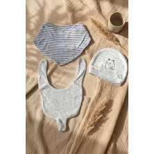 Hoppa Lumi Marin 3'lü Bebek Seti - %100 Pamuklu Çizgili Bandana Mama Önlüğü, Çıtçıtlı Önlük ve Kedi Nakış