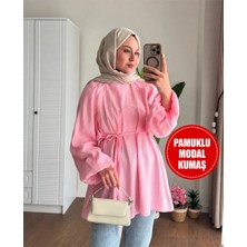 Moonsc Kadın Balon Kol Bel Bağlamalı Pamuklu Modal Kumaş Pembe Tesettür Tunik