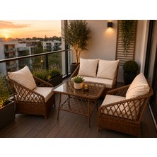 Omit Pazar Rattan Bahçe Balkon Oturma Takımı 2+1+1 Kahverengi – Cam Sehpalı, Modern Balkon ve Teras Mobilyası