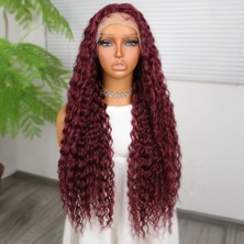 Svoria Store Afro Dalga Koyu Kızıl Fiber Sentetik T Tül Peruk