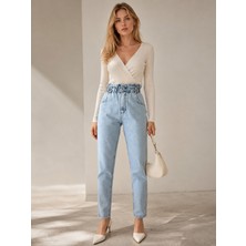 Shevega Kadın Buzkar Yüksek Bel Çift Düğmeli Kemer Büzgülü Mom Jeans Kot Pantolon
