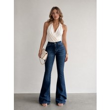 Shevega Kadın Lacivert Bıyık Yıkamalı Işlemeli Ispanyol Paça Denim Kot Pantolon