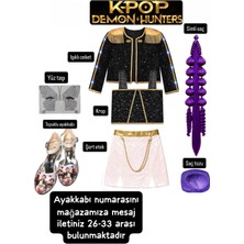 Bemora Kids Kpop Huntrix Işıklı Rumi Mira Zoey Iblis Avcıları Kostüm Etek Işıklı Ceket Büstiyer Bluz + Tasarım Mor Babble Top Saç + Yüz Taşı + Mor Saç Tozu - Kpop Topuklu Ayakkabı Doğum Günü Parti Seti