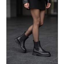 Futsi Shoes Freya Siyah Hakiki Floter Deri Kadın Bot Lastikli Kalın Taban Günlük Şık Bot