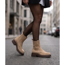 Futsi Shoes Freya Camel Hakiki Süet Deri Lastikli Kalın Taban Günlük Şık Kadın Bot
