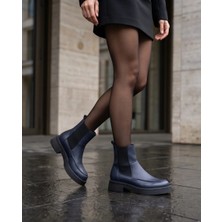 Futsi Shoes Freya Lacivert Hakiki Floter Deri Kadın Bot Lastikli Kalın Taban Günlük Şık Bot